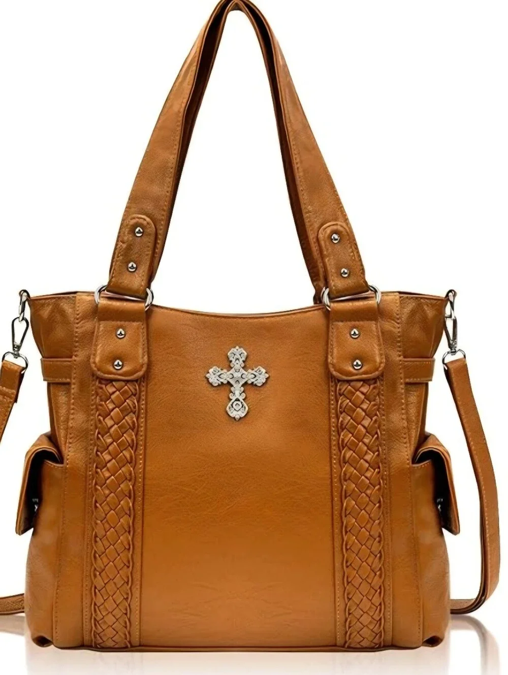 Large Tote Crossbody Bag Brown Vegan Leather Southwestern Silver Cross Purse